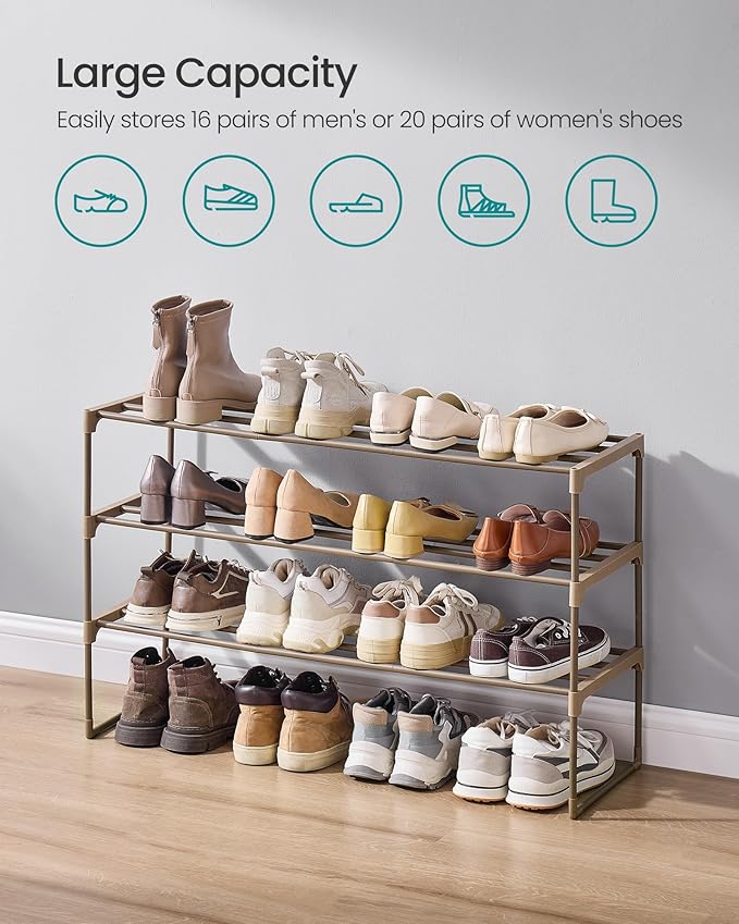 SONGMICS Shoe Rack, 3-Tier Shoe Organizer, Metal Storage Shelf, Upright or Upside Down, for 16-20 Pairs, Stackable, for Entryway, 11.8 x 36.2 x 21.7 Inches, Walnut Brown ULSA303K01