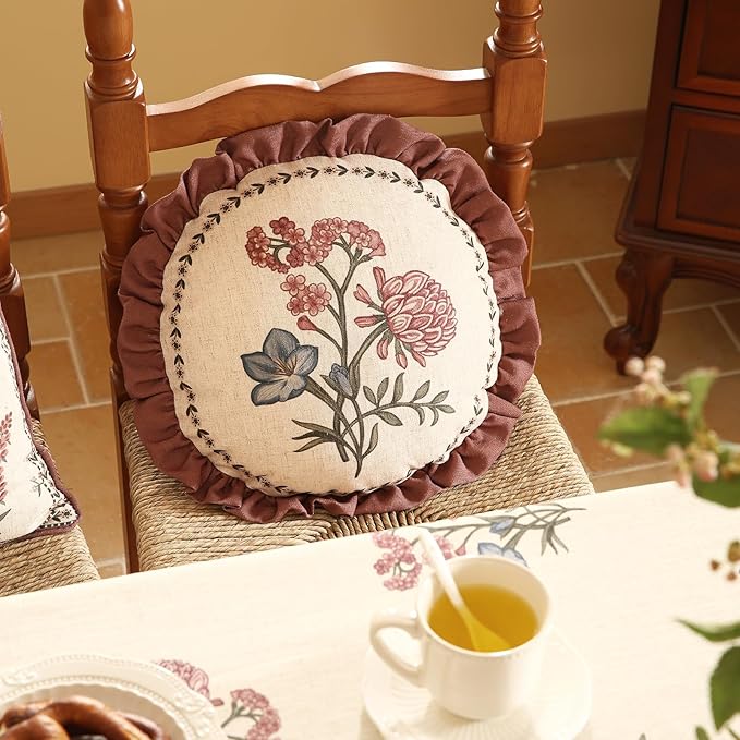 Design Linen Vintage Throw Pillow Covers Diameter 16" Pack of 2, Round Cushion Covers with Blue Pink Flowers Green Leaves Pattern Decoration Pillowcases for Bed,Living Room,Outdoor,Car