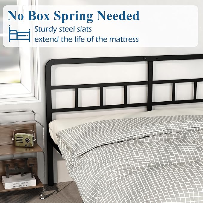 King Size Bed Frame with Headboard, 18 Inch Metal Platform No Box Spring Needed Heavy Duty Steel Slat Mattress Foundation/Easy Assembly/Noise Free/Black