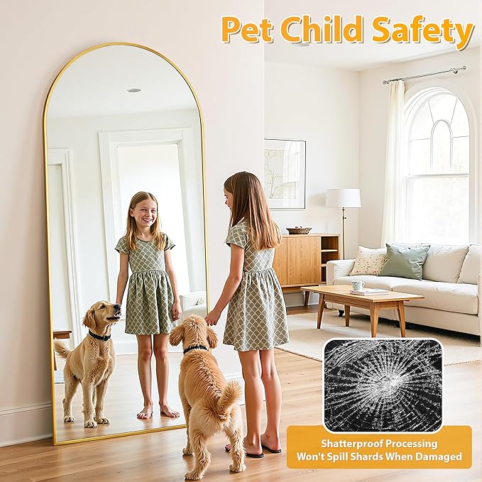 Full Length Mirror, 76"x34" Oversized Floor Mirror Freestanding, Full Body Mirror Floor Standing Mirrors with Stand, Hanging Mounted Mirrors for Bedroom Living Room, Gold, Arched Style