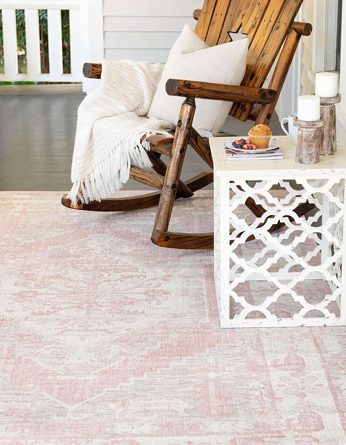 Unique Loom Outdoor Traditional Collection Area Rug - Valeria (10' x 13' 1" Rectangle, Pink/ Ivory)