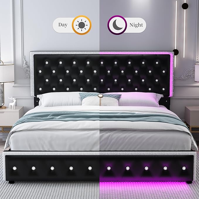 Queen LED Bed Frame with 2 Drawers, Storage Platform Beds with Upholstered Crystal Button Tufted Headboard Footboard, 2 Side Pockets, No Box Spring Needed, PU Black