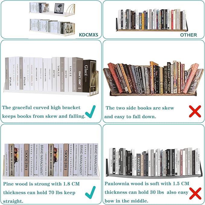 Long 48 IN White Wall Bookshelf- Curved Fan-Shaped Design with Built-in Anti-Slip Book Stops|0.71" Thicker Heavy Duty White and Gold Floating Shelf|Floating Book Shelves for Wall, Home Décor Set of 2