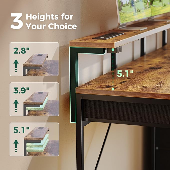 Huuger Gaming Desk with 6 Drawers, Computer Desk with LED Lights Power Outlets and Type-C, 55 Inch Office Desk with Storage, Monitor Stand, Writing Desk Work Desk for Home Office, Study, Rustic Brown