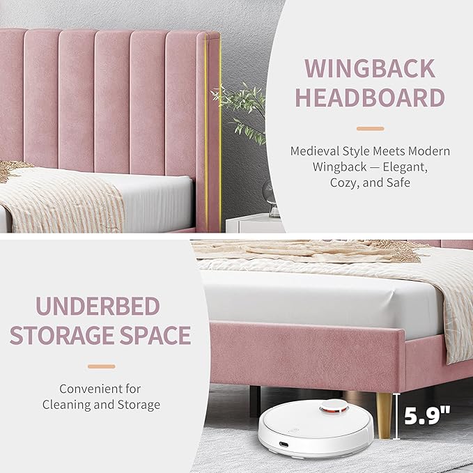 Queen Size Upholstered Platform Bed Frame with Modern Wingback & Vertical Panel Headboard, Velvet Fabric, Wooden Legs & Slats Support, No Box Spring Needed, Noise-Free & Easy Assembly, Pink