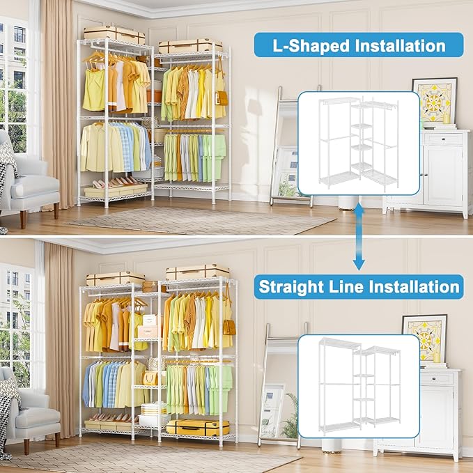 Ulif E4 Clothes Rack, Heavy-Duty Garment Rack, Metal Freestanding Clothing Organization Storage System Can Be L-shaped with Shelves and Hangers, Max Load 962lbs, 71.6" W x 14.5" D x 79.3" H, White