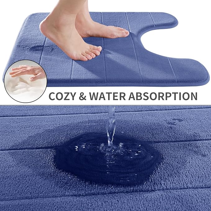 Yimobra Memory Foam Toilet Bath Mat U-Shaped, Soft and Comfortable, Super Water Absorption, Non-Slip, Thick, Machine Wash and Easier to Dry for Bathroom Commode Contour Rug, 24 X 24 Inches, Navy Blue