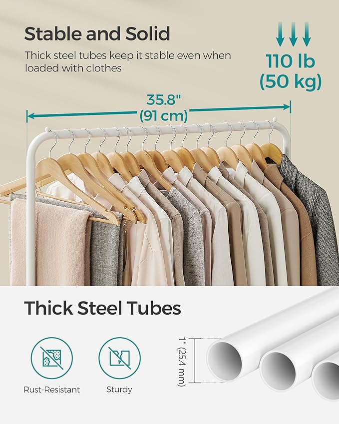 SONGMICS Clothes Rack with Wheels, Double-Rod Clothing Rack for Hanging Clothes, 25.4mm Metal Garment Rack with Dense Mesh Storage Shelf, 110 lb Load Capacity, 2 Brakes, White UHSR027W01