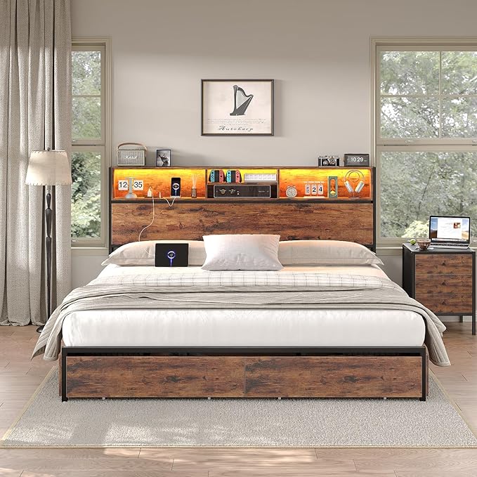 King Size Bed Frame with LED Headboard & Charging Ports, Rustic Wood Platform King Bed Frame with 6 Storage Drawers and Display Shelf, Heavy-Duty Metal Frame, No Box Spring Needed, Brown