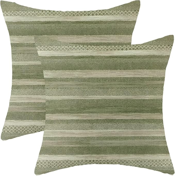 Boho Green Stripe Throw Pillow Covers 18x18 Inch Set of 2, Rustic Abstract Decorative Throw Pillow Covers Retro Stripe Neutral Outdoor Cushion Cover for Sofa Couch Farmhouse Room Bed Decor