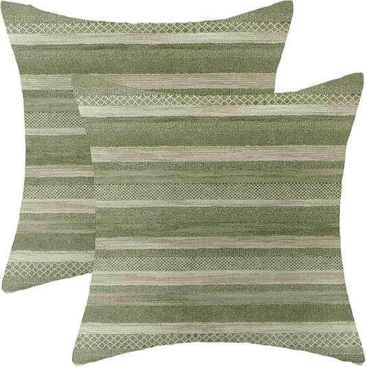 Boho Green Stripe Throw Pillow Covers 18x18 Inch Set of 2, Rustic Abstract Decorative Throw Pillow Covers Retro Stripe Neutral Outdoor Cushion Cover for Sofa Couch Farmhouse Room Bed Decor