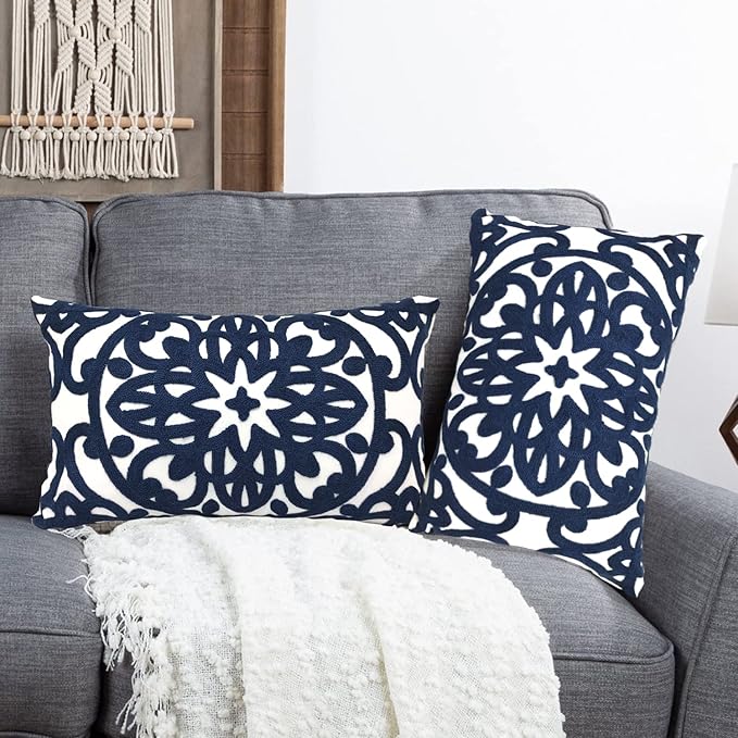 Alysheer Embroidered Lumbar Decorative Throw Pillow Covers 12"x 20" Set of 2, Classic Boho Mandala Embroidery Pattern Cotton Rectangular Cushion Case for Sofa Couch Living Room Bedroom(Navy Blue)