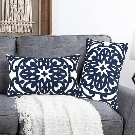 Alysheer Embroidered Lumbar Decorative Throw Pillow Covers 12"x 20" Set of 2, Classic Boho Mandala Embroidery Pattern Cotton Rectangular Cushion Case for Sofa Couch Living Room Bedroom(Navy Blue)