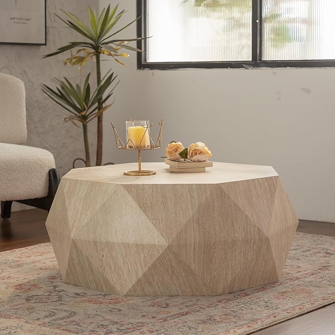 WILLIAMSPACE 37.4" Drum Coffee Table with Mars Pattern for Living Room, Modern Farmhouse Wood Center Table with Faceted Diamond, Mid Century End Side Table for Apartment, 37.4" x 35.83" x 16.14"H