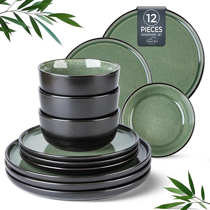 AmorArc Stoneware Dinnerware Sets,Round Reactive Glaze Plates and Bowls Set,Highly Chip and Crack Resistant | Dishwasher & Microwave Safe Dishes Set,Service for 4 (12pc)