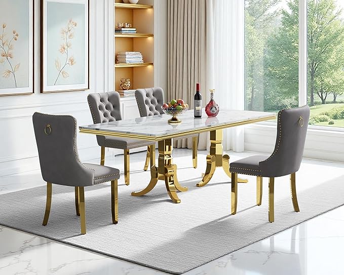 Goujxcy Faux Marble Dining Table Set for 4, Modern 5-Piece Dining Table Set with 4 Velvet Upholstered Chairs, 70" Large Long Faux Marble Kitchen Dining Room Table and Chairs with Stainless Steel Legs