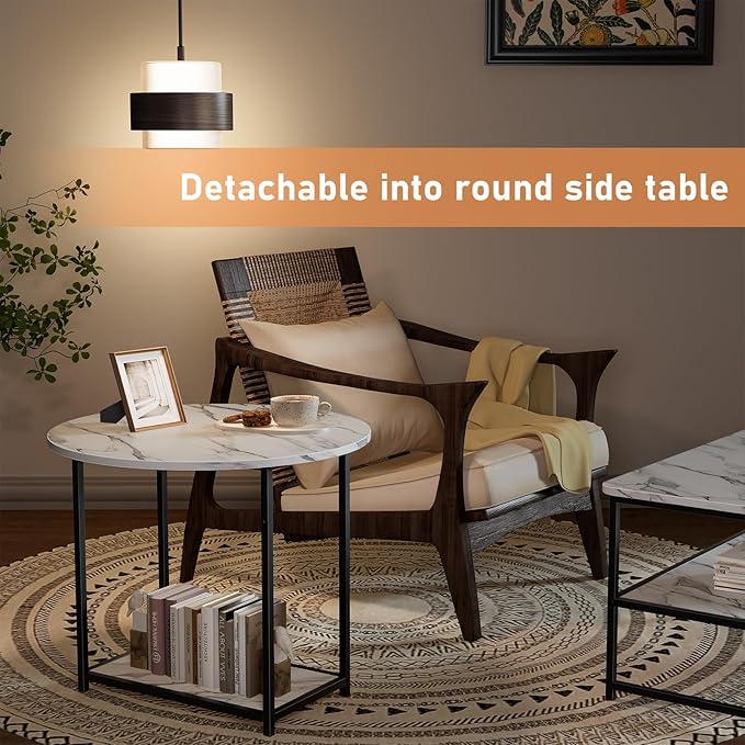 WOHOMO 48IN Faux Marble Wood Coffee Table with Adjustable Shelf, White Nesting Tables Set of 2, Small Coffee Tables for Living Room