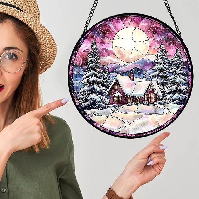 Stained Glass Window Hanging - Winter Snow Scene Cabin Moon Sun Catcher for Door Garden Home Decor Pine Tree Suncatcher Christmas Mother's Day Birthday Gifts for Women Men Mom Nana 9.8 in
