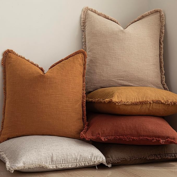 Foindtower Set of 2 Decorative Linen Fringe Throw Pillow Covers Cozy Boho Farmhouse Cushion Cover with Tassels Soft Accent Pillowcase for Couch Sofa Bed Living Room Home Decor, 24×24 Inch, Orange