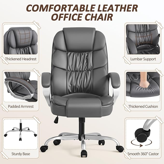 Homall Office Chair High Back Computer Chair Desk Chair, PU Leather Adjustable Height Modern Executive Swivel Task Chair with Padded Armrests and Lumbar Support (Gray)