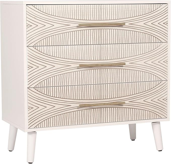 3 Drawer Dresser, White Wooden Dresser with Metal Handles, Bedroom Storage Organizer, TV Stand, Entryway Furniture, Texture Beige