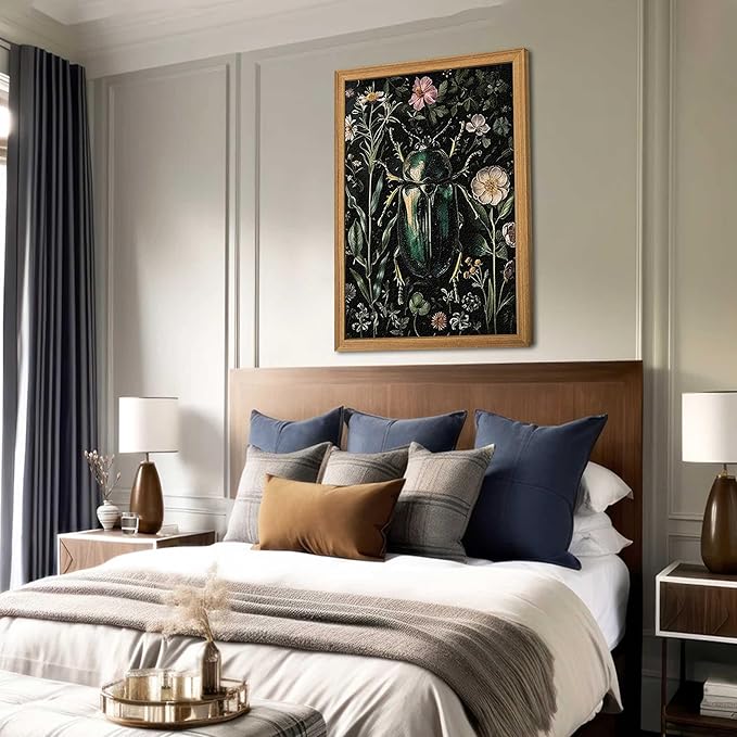 Framed Vintage 3D Textured Wall Art - Gothic Dark College Beetle Wall Decor - Hand Drawn Sandstone Nature Botanical Pictures for Living Room Bedroom Home Decor 24x36in