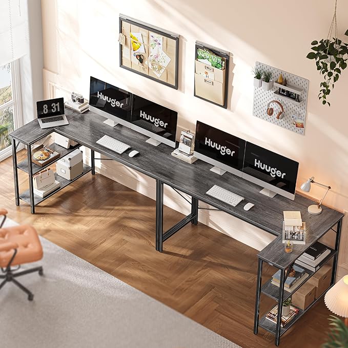 Huuger L Shaped Desk, 55 Inches Computer Desk with Reversible Storage Shelves, for Gaming Corner Home Office Writing Study, Metal Frame, Gray