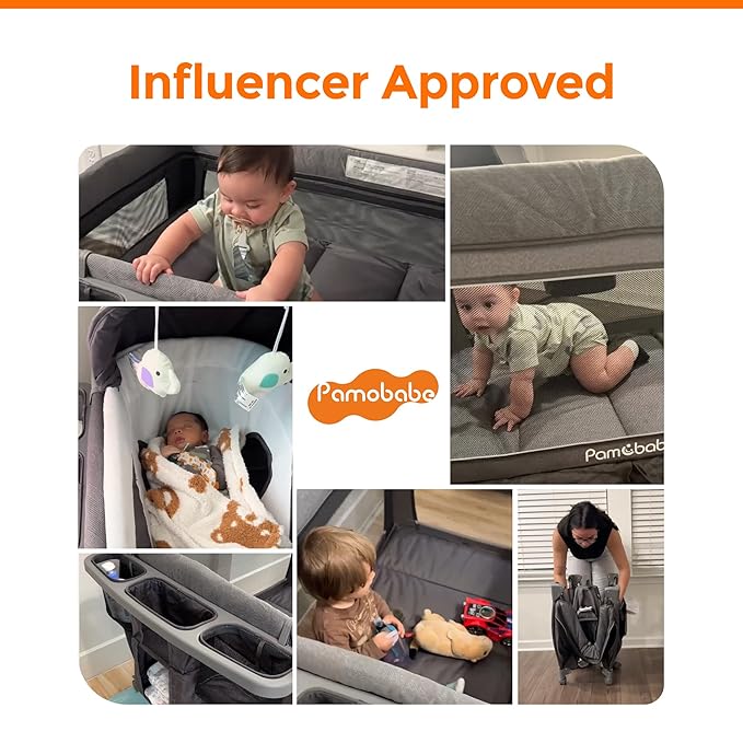 Pamo Babe 1-Second Setup 4-in-1 Playard for Babies - Heavy-Duty Steel Frame for Safe Sleep Space, Portable Crib with Changing Table, Locking Wheels, Breathable Mesh