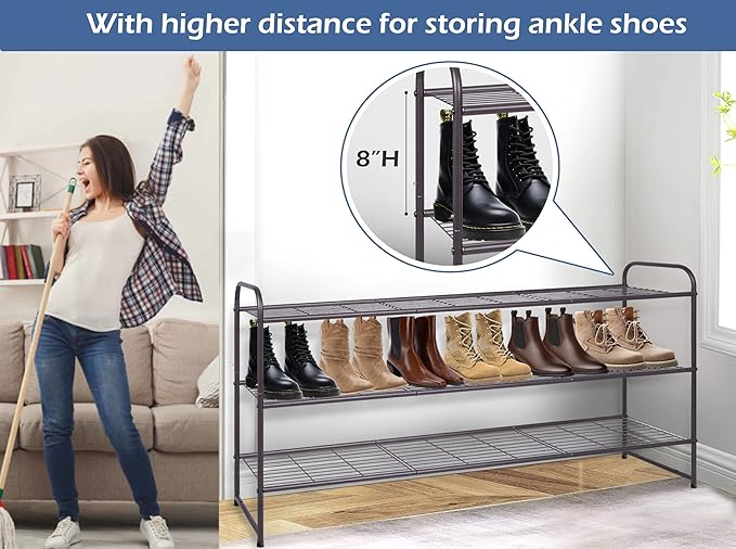 KEETDY Long 3 Tier Shoe Rack for Closet Wide Shoe Storage Organizer Stackable Metal Shoe Shelf for 24 Pairs Men Sneakers with Wire Grid for Closet Floor, Bedroom, Entryway, Bronze