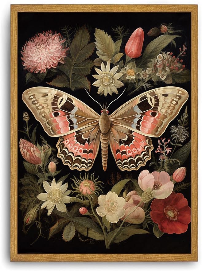Djmwtb Vintage Framed Wall Art Butterfly Floral Canvas Wall Art Prints Boho Botanical Painting Flower Pictures Wall Decor Artwork for Living Room Bedroom Bathroom Office 8x10in