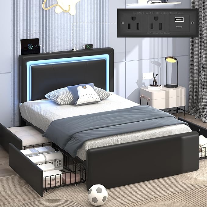 Twin Size Bed Frame with 4 Storage Drawers and LED Lights, Upholstered Platform Bed with Adjustable Headboard and Charging Station, Metal Slats Support, No Box Spring Needed,Easy Assembly, Black