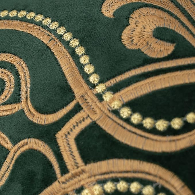 Aeckself European Luxury Velvet Lumbar Throw Pillow Cover 12 x 20 Inch, Embroidery Floral Pillow Cover Home Decor Oblong Pillowcase for Couch Bedroom Living Room, Dark Emerald Green and Gold