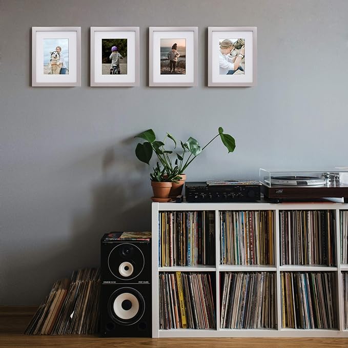 KINLINK 8x10 Picture Frame Light Grey, Solid Wood Frames with Acrylic Plexiglass for Pictures 4x6/5x7 with Mat or 8x10 without Mat,Tabletop and Wall Display Photo Frame, Set of 4