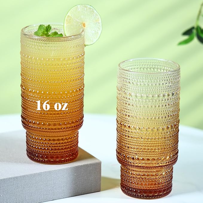 6pcs Hobnail Drinking Glasses Set, 16 oz Vintage Glassware Drinking Glasses, Gradual Amber Water Glasses Tumbler, Thanksgiving Cups for Kitchen, Juice, Beer, Cocktail, Whiskey