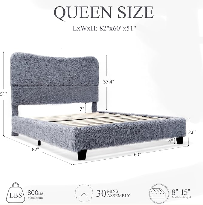 Brafab Queen Bed Frame with Headboard, Boho Fluffy Boucle Cloud Upholstered Platform Bed with Soft Rounded Corners and Wooden Slats, No Box Spring Needed, Noise Free, Easy Assembly, Gray