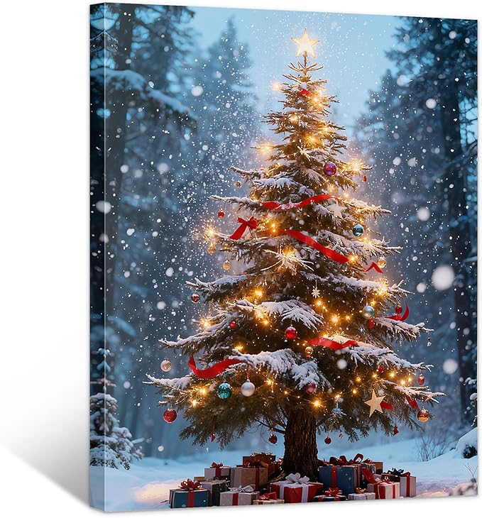 Framed Christmas Pictures Wall Decor,Vintage Pine Tree Prints,Winter Christmas Canvas Wall Art Decoration for Bedroom Bathroom Living Room Rustic Xmas Holiday Gifts (Christmas Tree 16, 16'' X 20'')