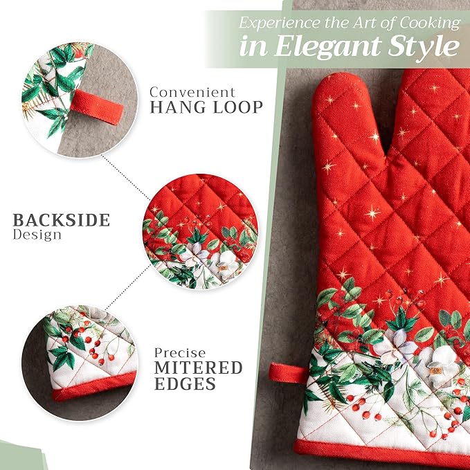 Maison d' Hermine Oven Gloves 100% Cotton Oven Mitt 7" x 13" with Loop Heat Resistant BBQ Cooking Gloves for Thanksgiving Christmas Decorations Baking Handling Hot Pans (Pack of 1, Noel)
