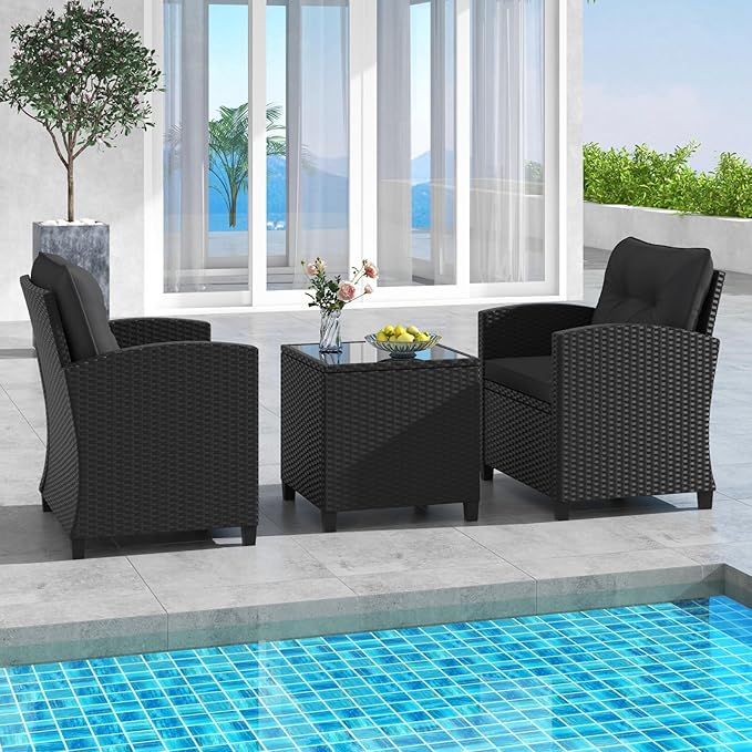 RELAX4LIFE 3-Piece Patio Furniture Set - Wicker Rattan Bistro Sofa Set with Glass Top Coffee Table, Washable Cushions for Porch, Balcony, Backyard, Poolside, Outdoor Conversation Set (Black)