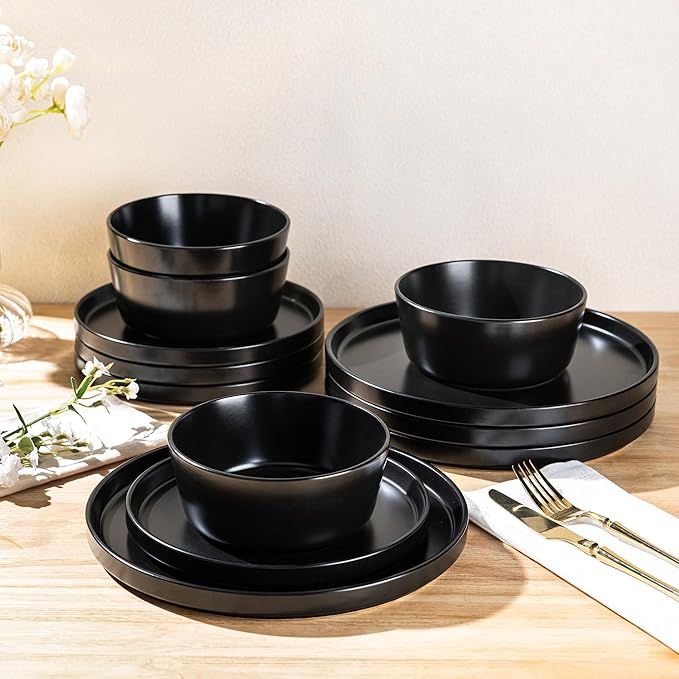 AmorArc Ceramic Dinnerware Sets for 4, Modern Flat Stoneware Plates and Bowls Sets,Chip and Crack Resistant Dishwasher & Microwave Safe Dishes Set,Scratch Resistant- Service for 4 -Matte Black (12pcs)