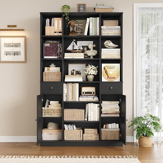 HOSTACK 74" Tall Book Shelf and Bookcase, 45" Wide Bookcase with Doors and Drawers, Modern 6 Tier Bookshelf with Storage, Large Wood Display Cabinet with Adjustable Shelves for Home Office, Black