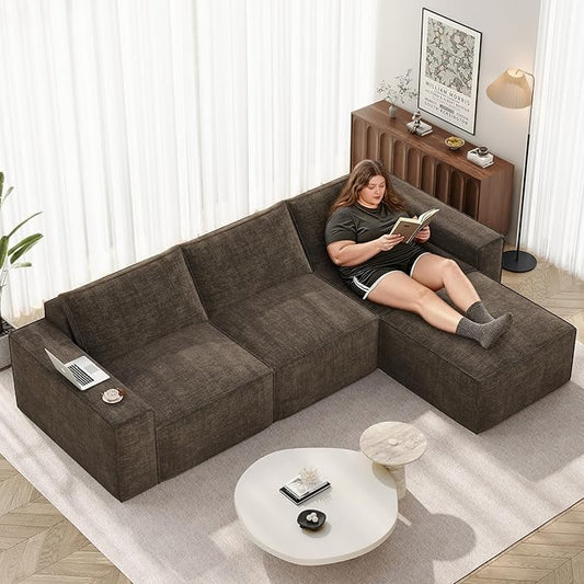 Vesgantti 114" Boneless Modular Sectional Sofa, Modern 3 Seater Couch with Ottoman & Deep Seat, Convertible Chenille L Shaped Cloud Couches for Living Room, No Assembly Required, Dark Brown