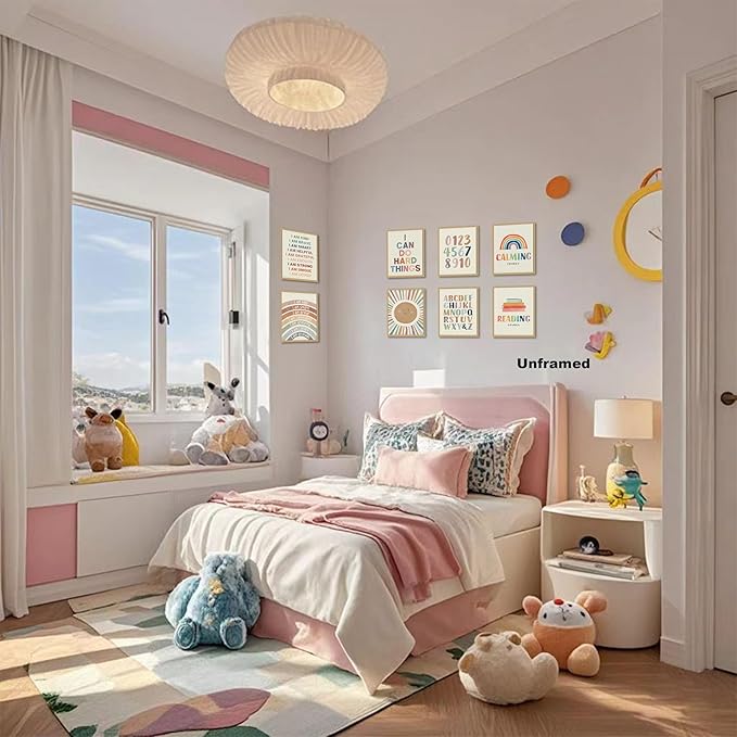 Baby Alphabet Wall Art Set of 9, 1 2 3 number Rainbow Canvas Posters Prints, Kids ABC Positive Affirmation Wall Decor Paintings for Kids Room Nursery Bedroom Home Decor 8x10In Unframed