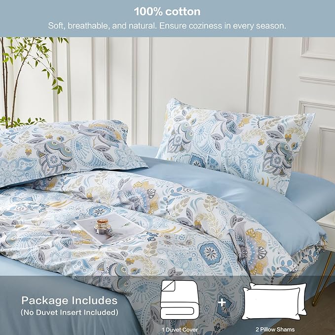 SAPHREAS Blue Floral Duvet Cover King Size Geometric Pattern Botanical Blossom Bedding Comforter Cover Set 100% Cotton 1 Duvet Cover 2 Pillow Shams, Comforter Not Included