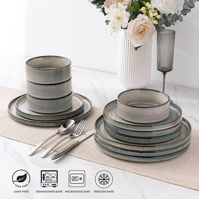 GBHOME Ceramic Dinnerware Sets for 8, 24 Pieces Stoneware Plates and Bowls Sets, Reactive Glaze Stackable Dish Set -Scratch Resistant, Dishwasher&Microwave Safe