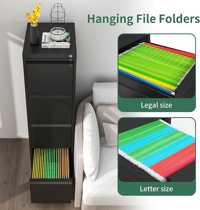 File Cabinet, Vertical File Cabinets with Lock for Home Office,Heavy Duty Office Steel Filing Cabinet for Hanging Letters/Legal/A4, Assembly Required (Black, 4 Drawers)