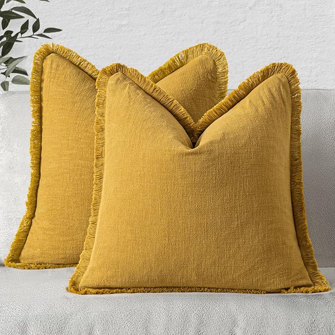 MIULEE Decorative Throw Pillow Covers Neutral Linen Fringe Throw Pillows Set of 2 Mustard Yellow Boho Farmhouse Cushion Covers with Tassels for Couch Sofa Bed Living Room Spring Home Decor 18x18 Inch