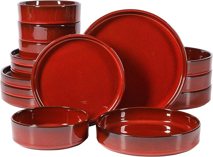 Bloomhouse Santorini Mist Double Bowl Terracotta Reactive Glaze Plates and Bowls Dinnerware Set - Garnet Red, Service for Four (16pcs)