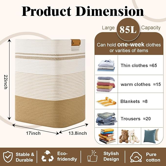 Laundry Hamper, 85L Tall Laundry Basket with Leather Handles, Rectangle Large Clothes Hamper for Organizing, Cotton Woven Laundry Baskets Storage Hampers for Bedroom, Nursery, Living Room
