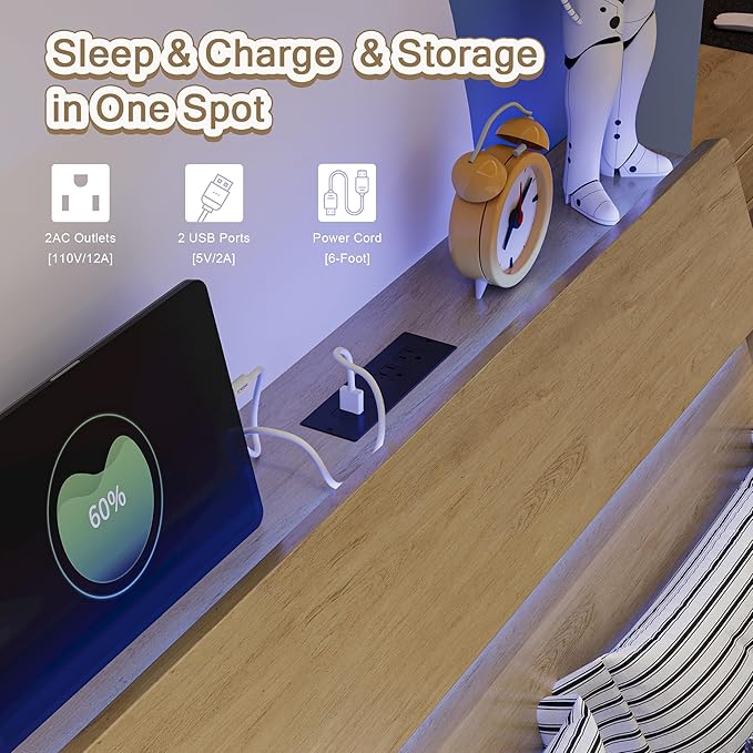 Twin Bed Frames with LED Light and Charging Station, Floating Wooden Bed Frame, Heavy Duty Metal Slats, No Box Spring Needed, Noise Free, Easy Assembly, Oak