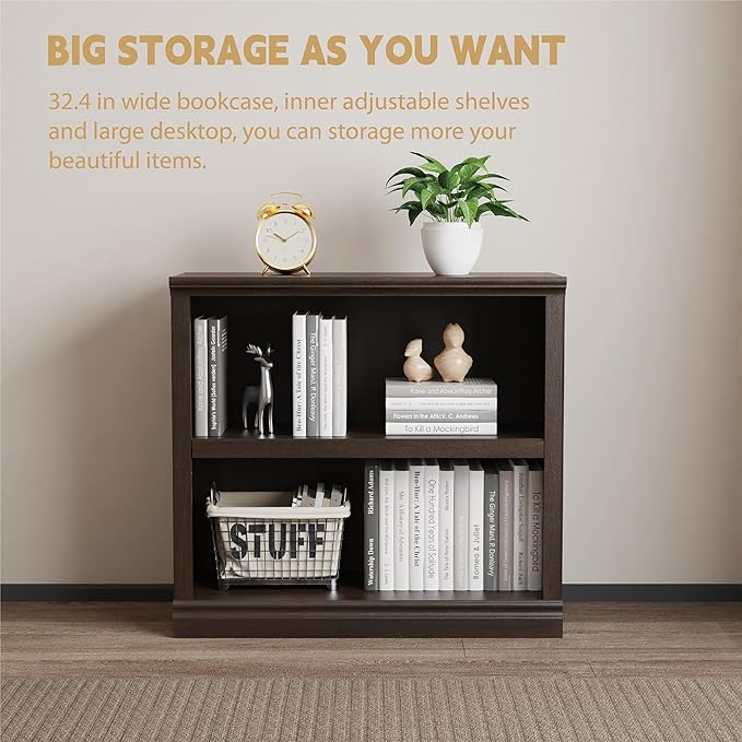 blini 2-Shelf Bookcase Wooden Bookshelves 33in Wide Floor Standing Display Storage Shelves Oak Bookcase for Home Office, Living Room, Bed Room